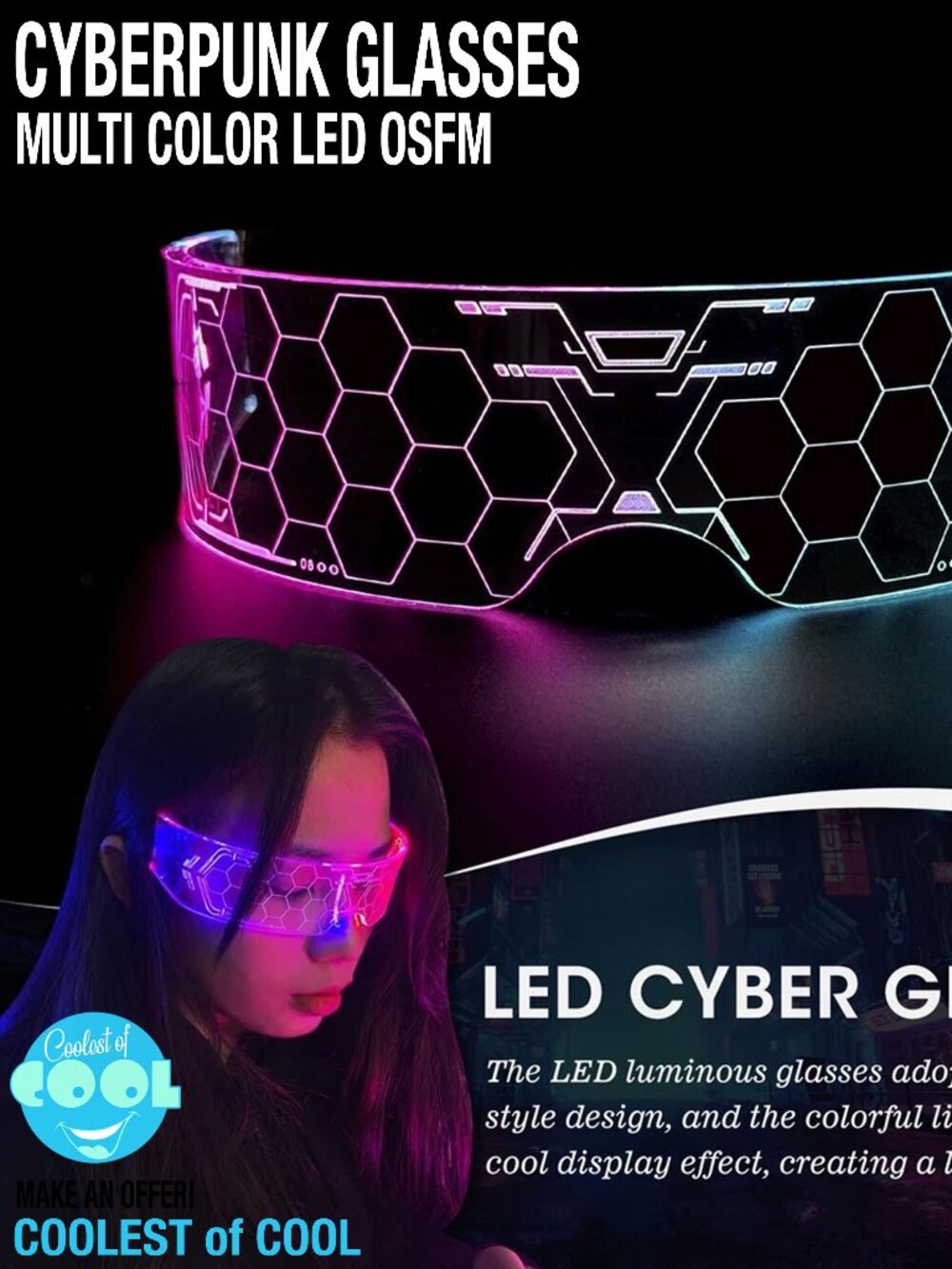 Cyberpunk glasses 7 Color LED light up 4 Mode Glow In the Dark Acrylic OSFM new